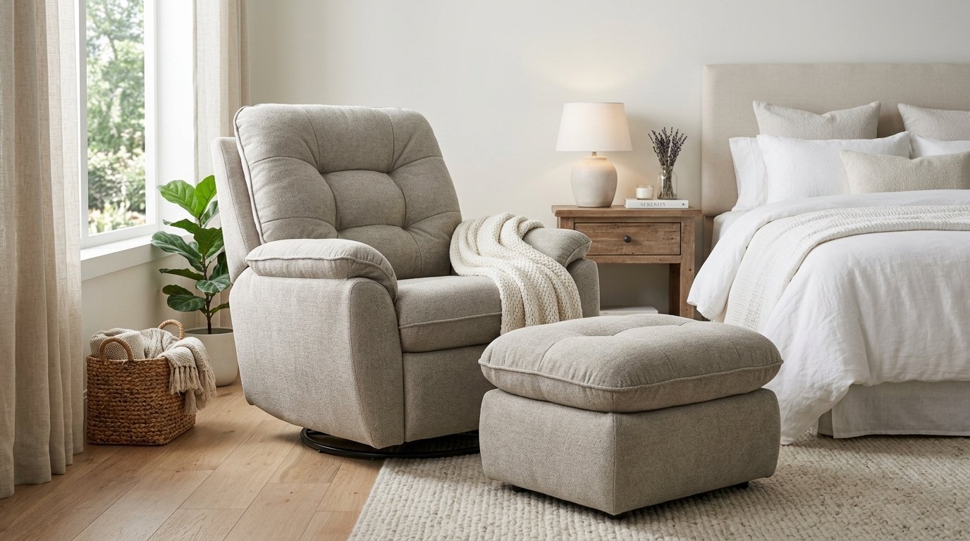 Neutral upholstered recliner chair with a textured ottoman beside a rustic wooden nightstand and white bed.
