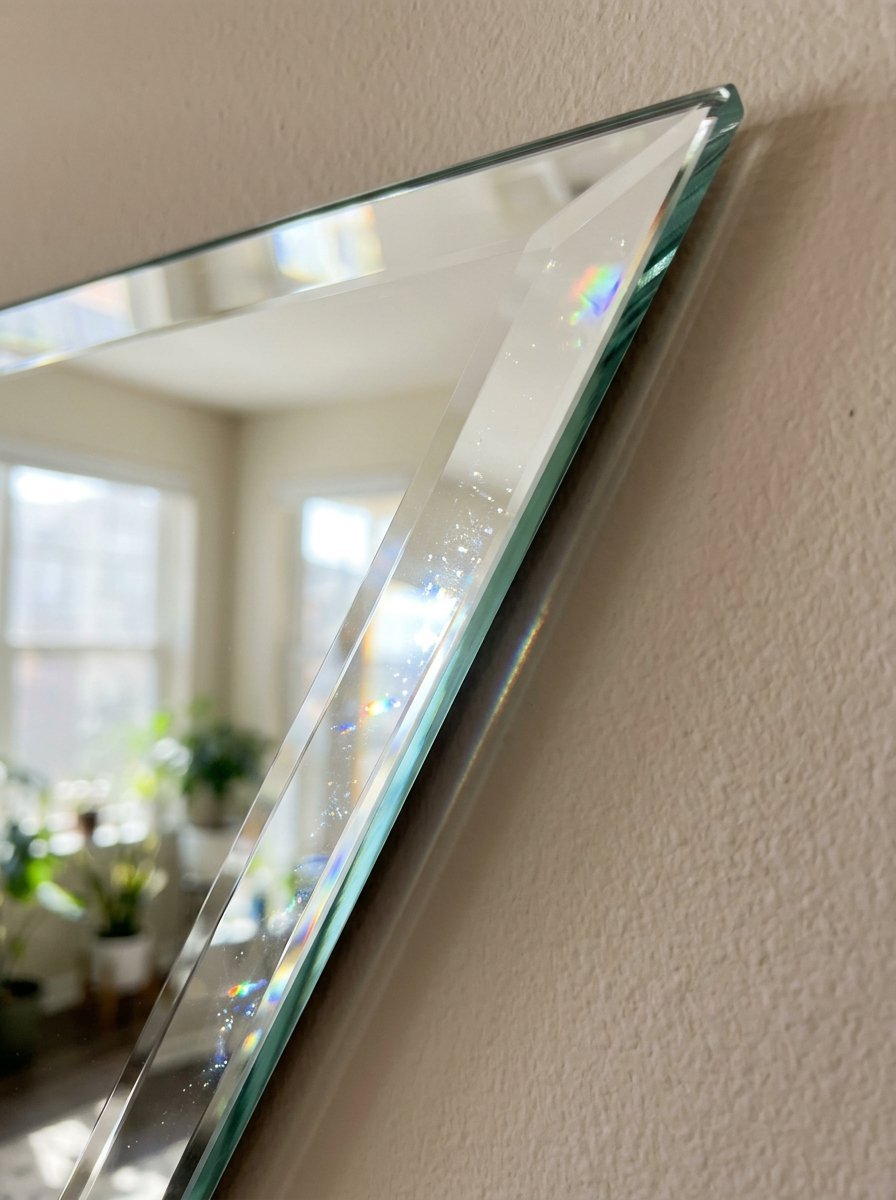 Detailed angle of a glass mirror showing rainbow light refraction on the beveled edge against a beige wall.