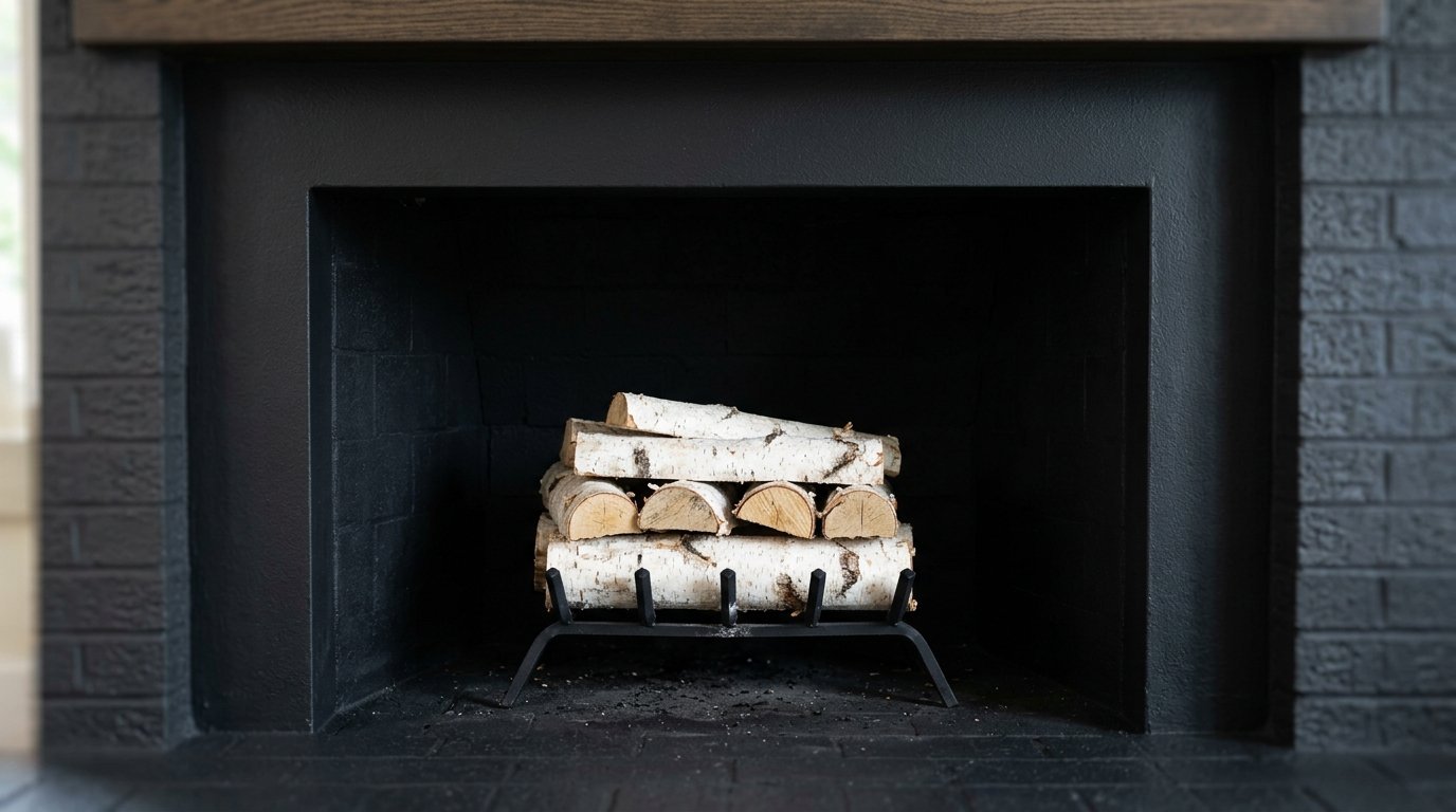 Close up of firewood logs with white bark sitting on a metal grate inside a matte black brick hearth.