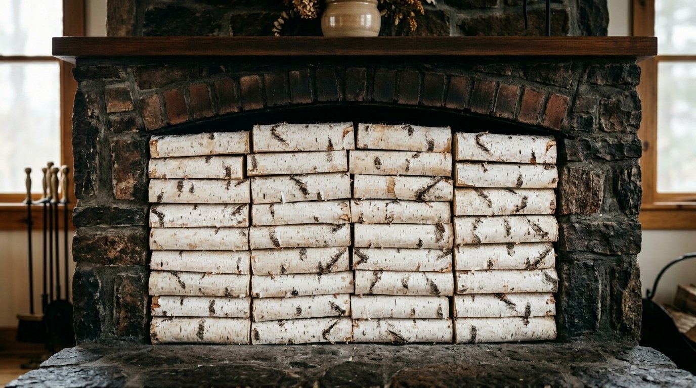 Decorative birch firewood logs organized in a grid pattern within a stone hearth.