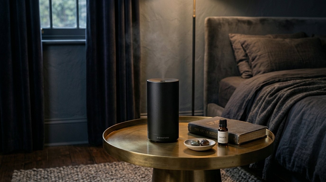 A cylindrical black scent diffuser releases a fine mist next to an essential oil bottle and book on a gold table.