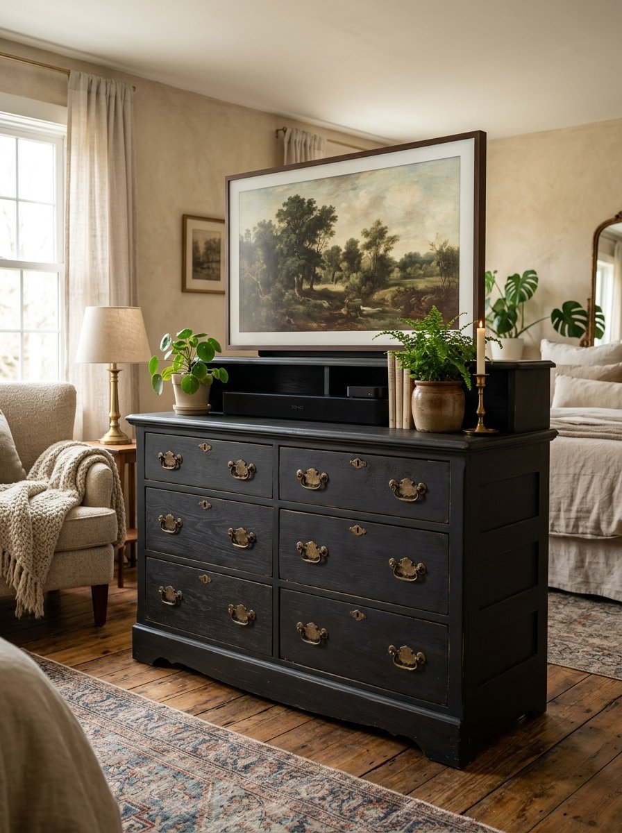 Black wooden dresser with antique brass pulls topped with a flat screen television displaying a landscape painting.