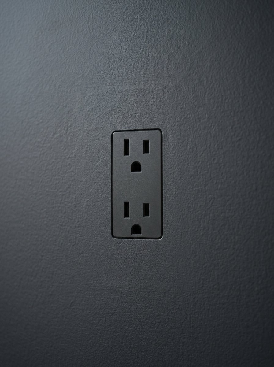 A standard North American electrical receptacle with a matte black finish flush-mounted in a matching dark wall.
