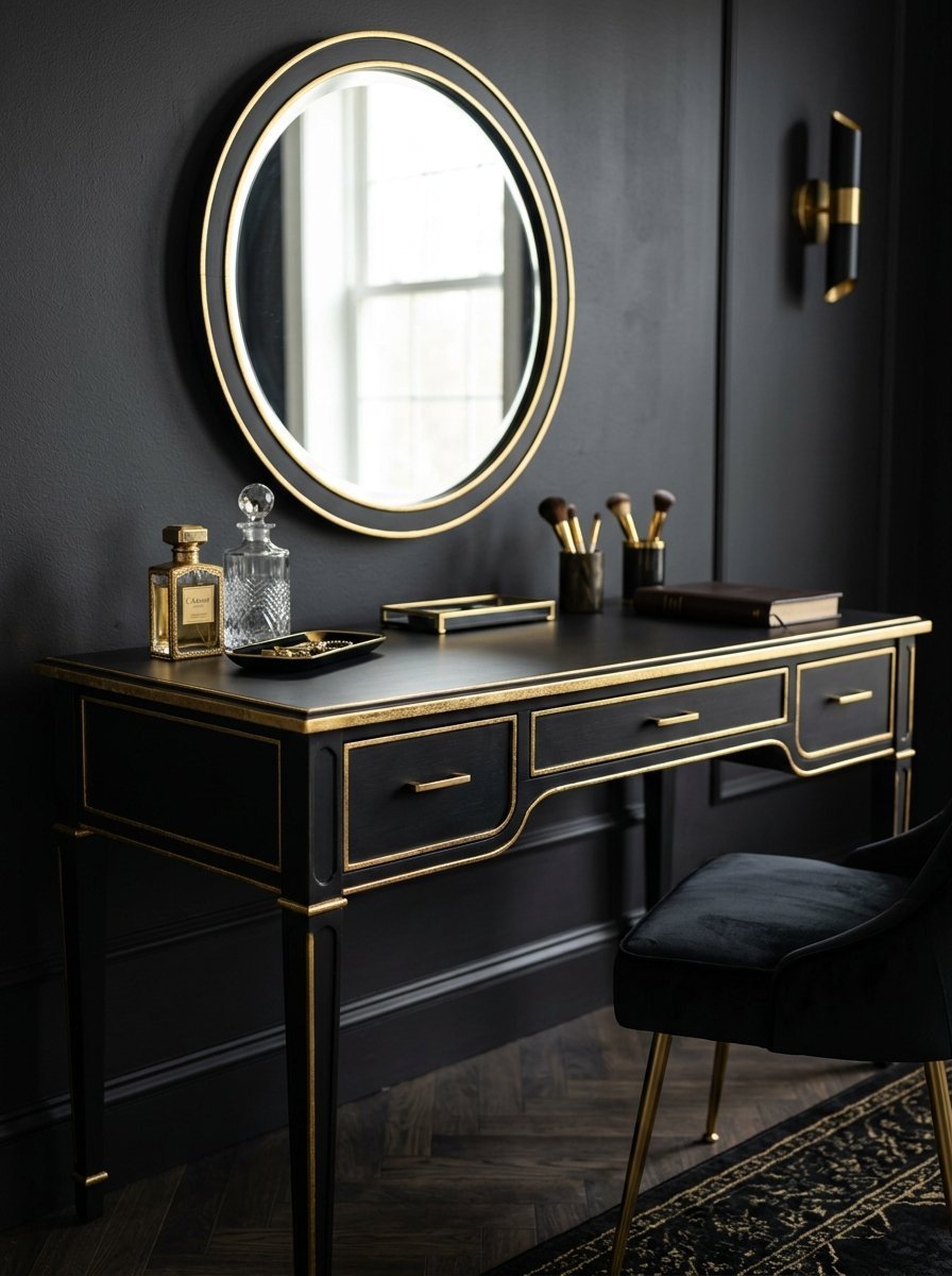A sophisticated black desk with gold trim featuring makeup brushes, perfume, and a modern round mirror on a dark wall.