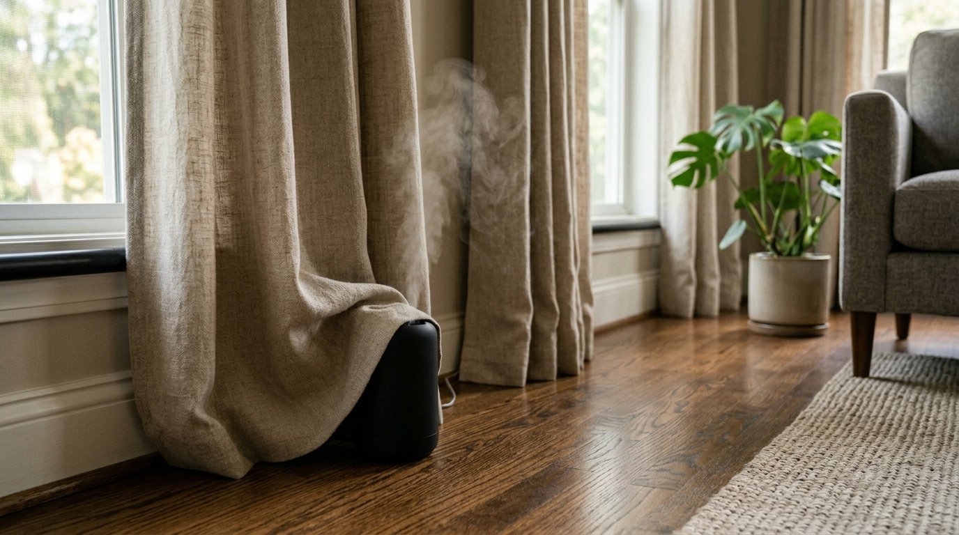 A black mist humidifier sits on hardwood floors partially hidden by hanging fabric curtains.