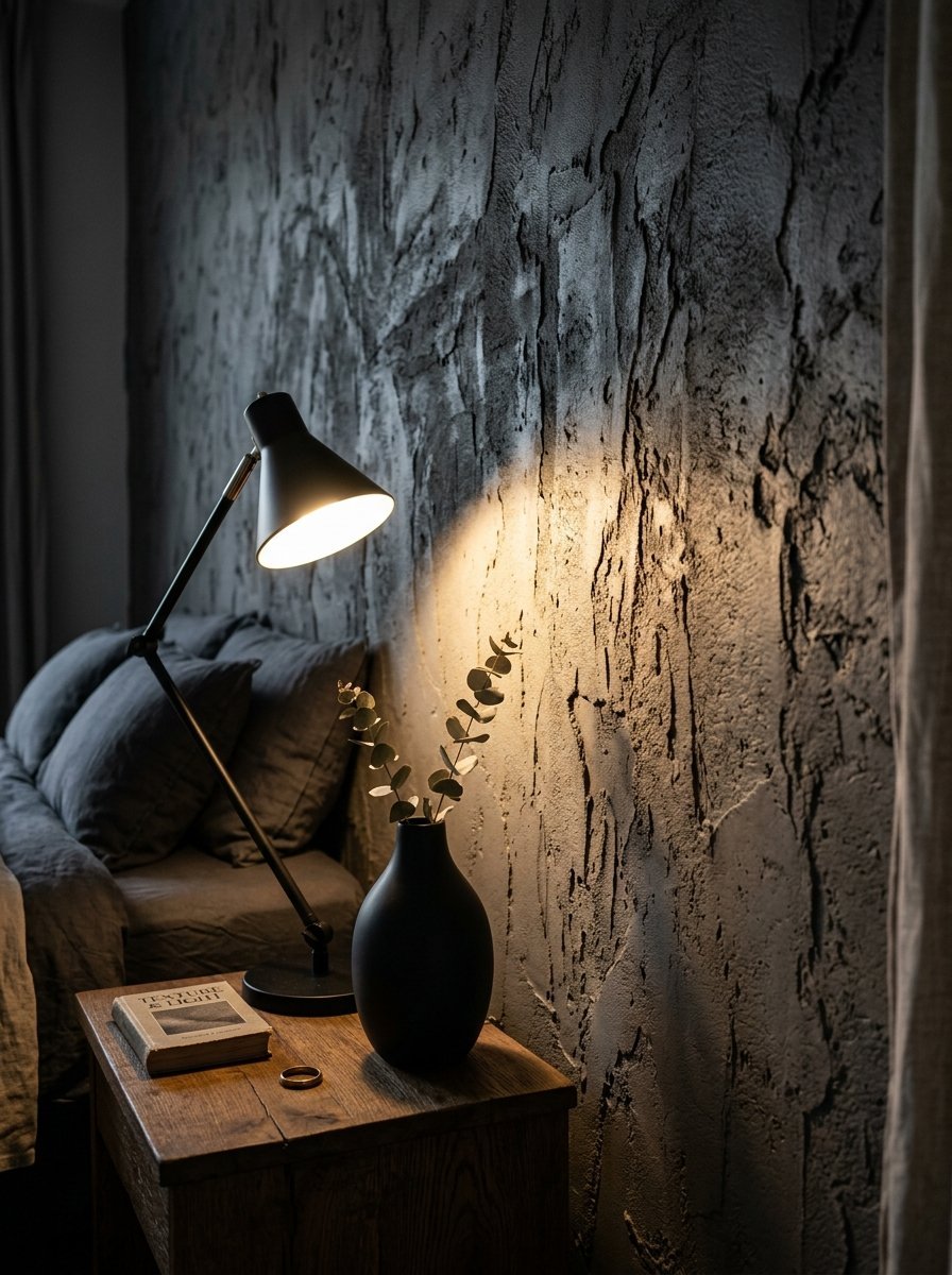Modern black desk lamp and a vase of eucalyptus sitting on a rustic wooden nightstand next to a textured grey wall.