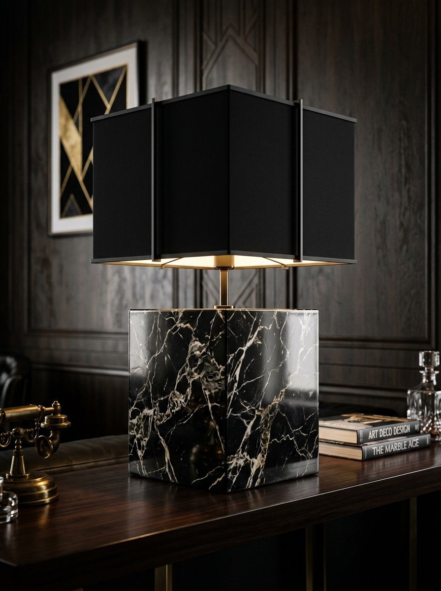 Square black marble base lamp with a modern black rectangular shade, set on a dark wood table in an art deco office.