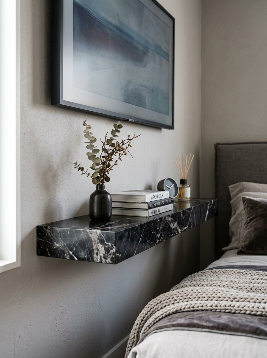 Floating black marble ledge holding a vase of eucalyptus, stacked books, a clock, and reed diffuser.