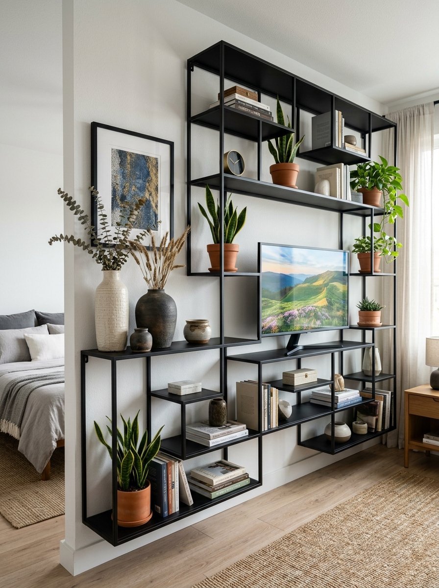 A floor-to-ceiling black metal shelving unit holding plants, books, and a TV between a bedroom and living room.