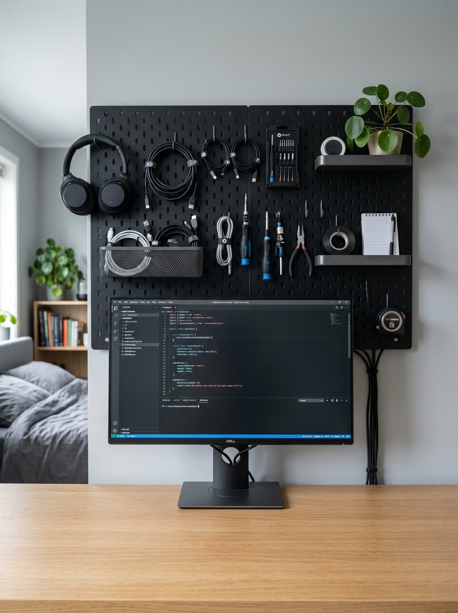 A computer monitor displaying code sits on a wooden desk beneath a black wall pegboard holding tools and accessories.