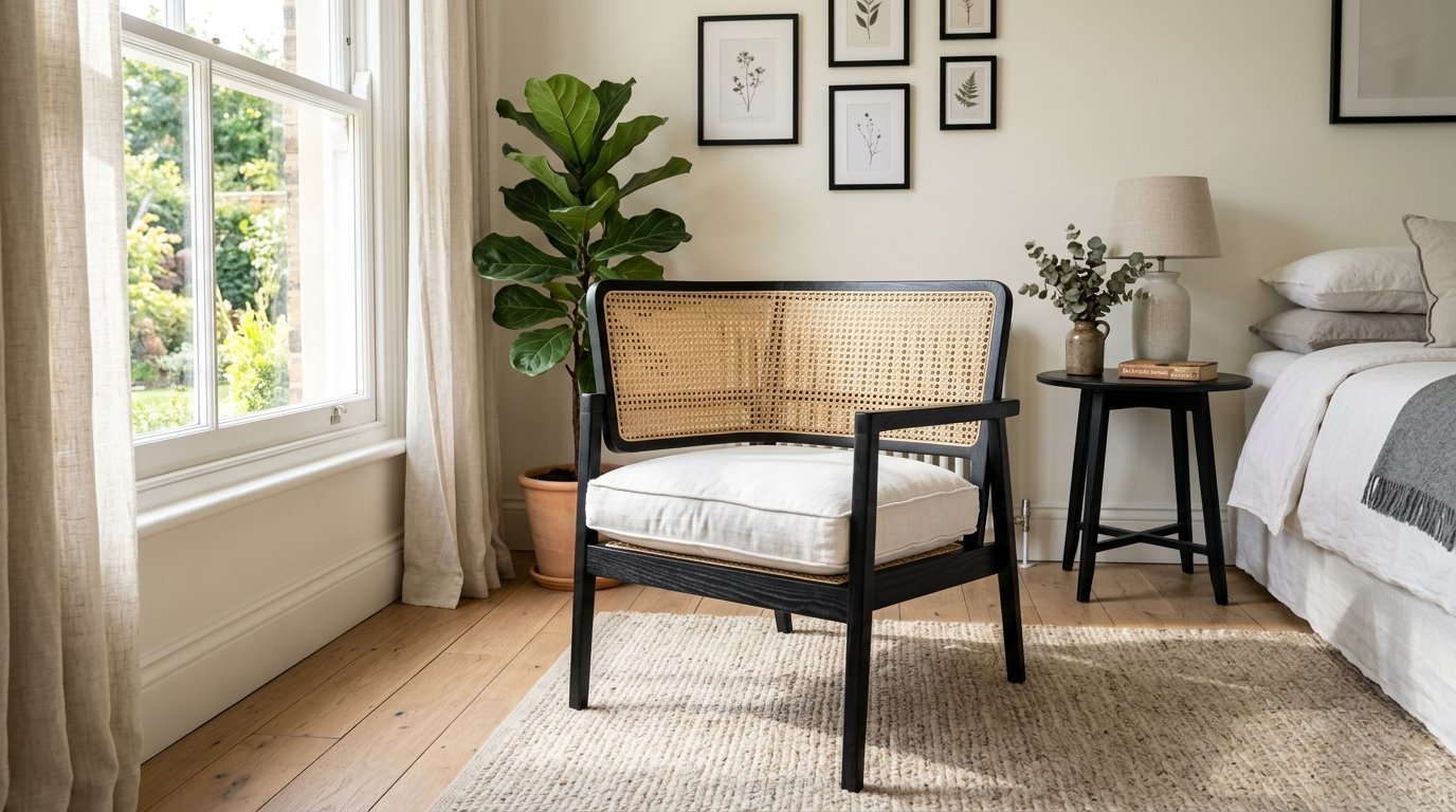 Modern black wooden armchair with a cane back and white cushion sitting on a jute rug next to a bedside table.