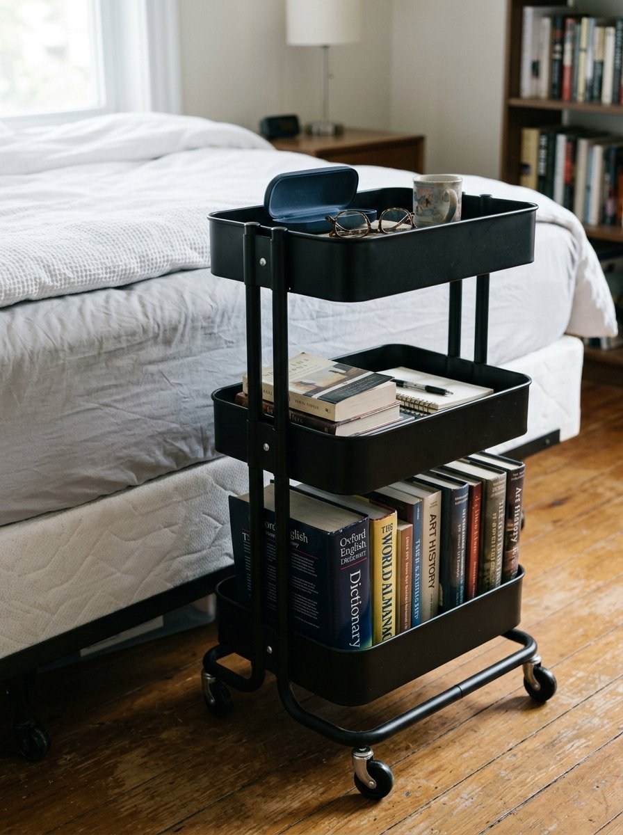 A black metal storage cart with wheels sits on a wooden floor, holding books, eyeglasses, and a coffee mug.
