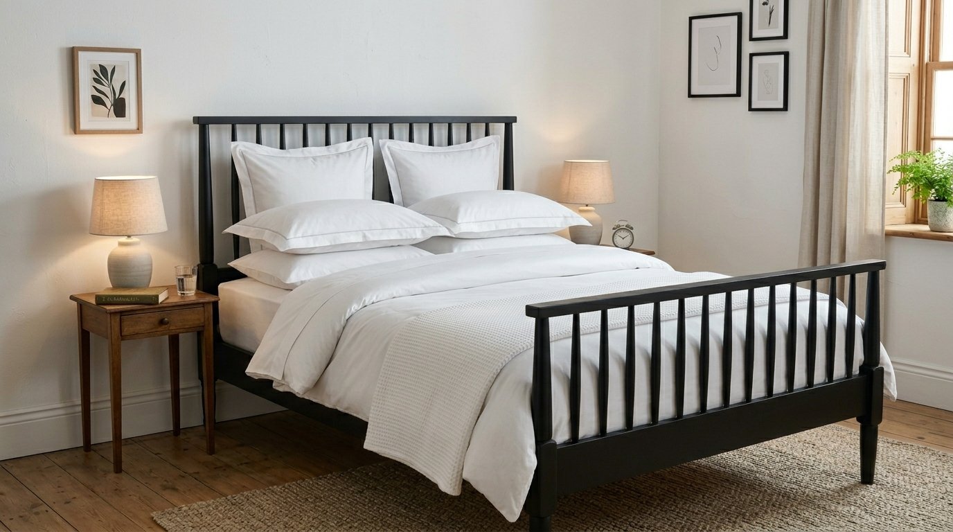 A modern black spindle bed frame styled with white linens and pillows in a bright bedroom.