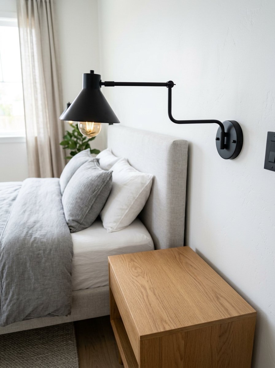 Matte black wall sconce hanging above a light grey upholstered bed frame and oak nightstand.