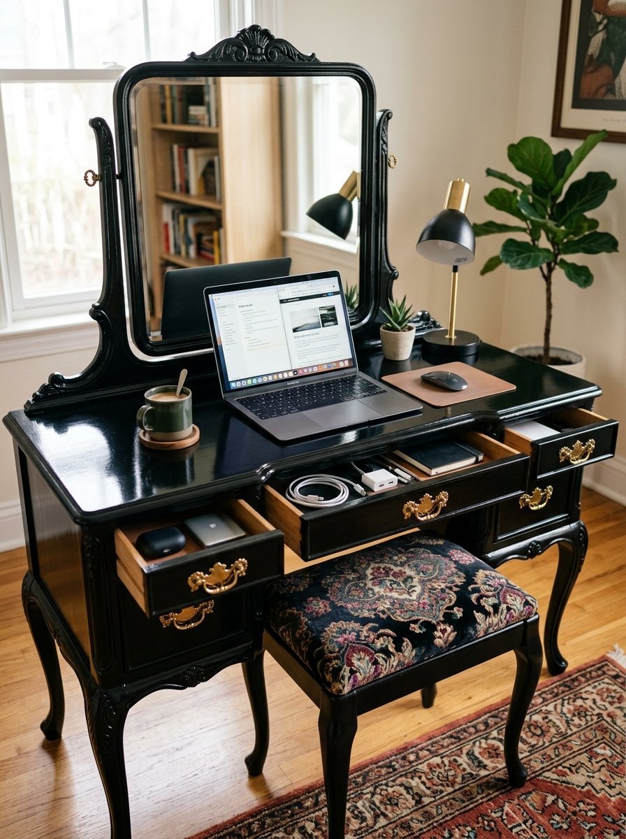 Laptop on a black antique dressing table with open drawers containing tech accessories and a cup of coffee.