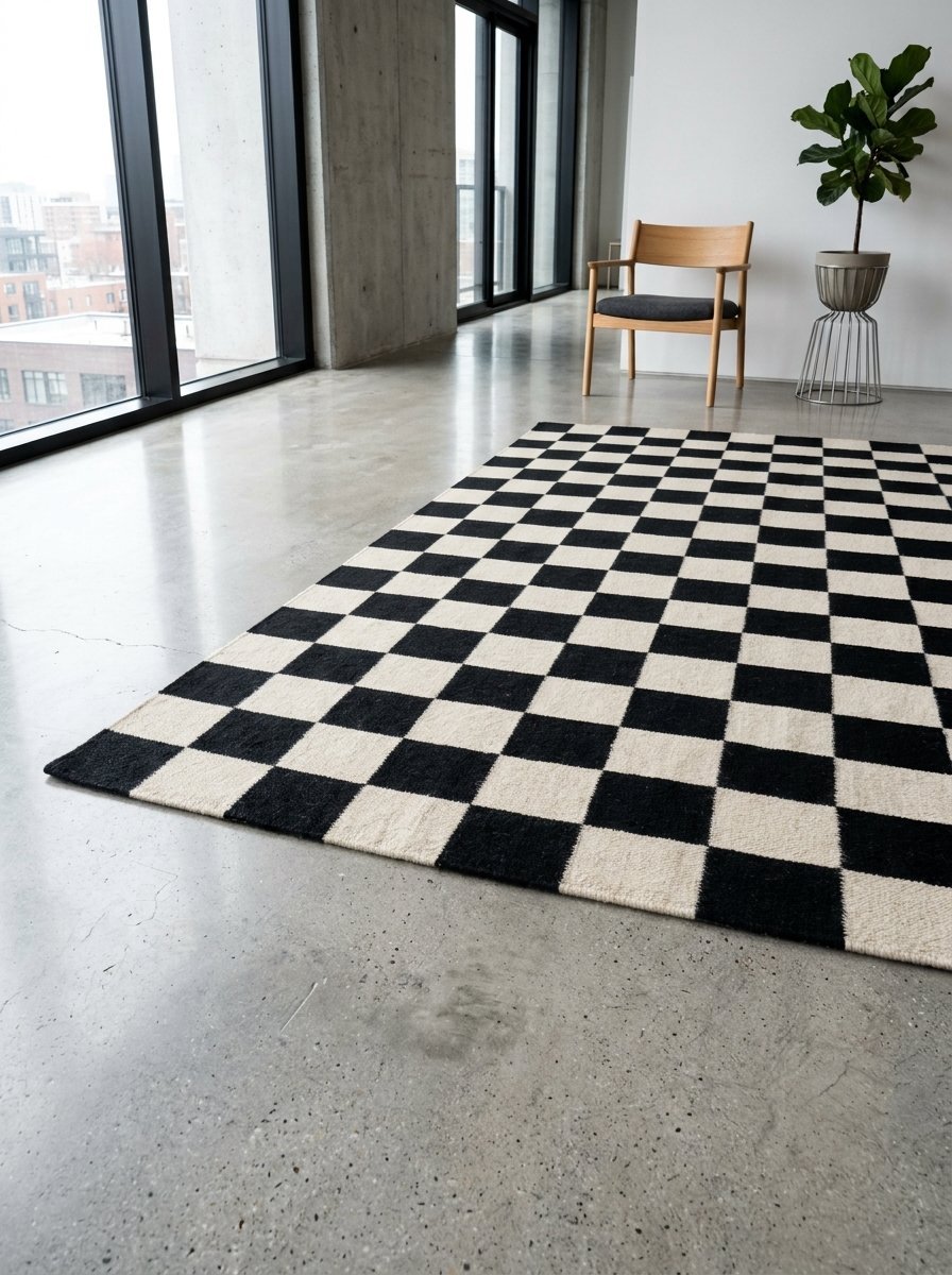 Minimalist room with a black and white checkerboard patterned carpet on a concrete floor.