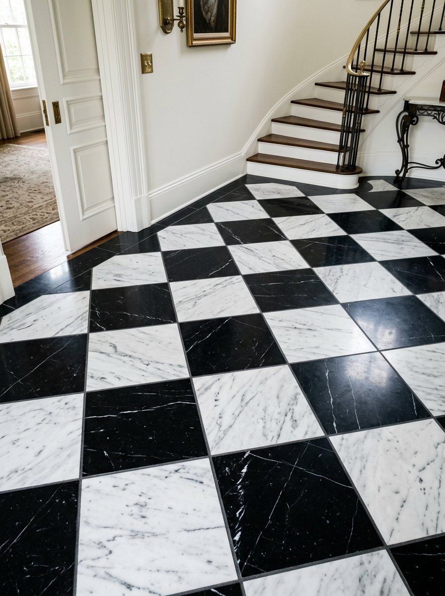 Polished marble floor with a diagonal checkerboard pattern inside a bright home foyer.
