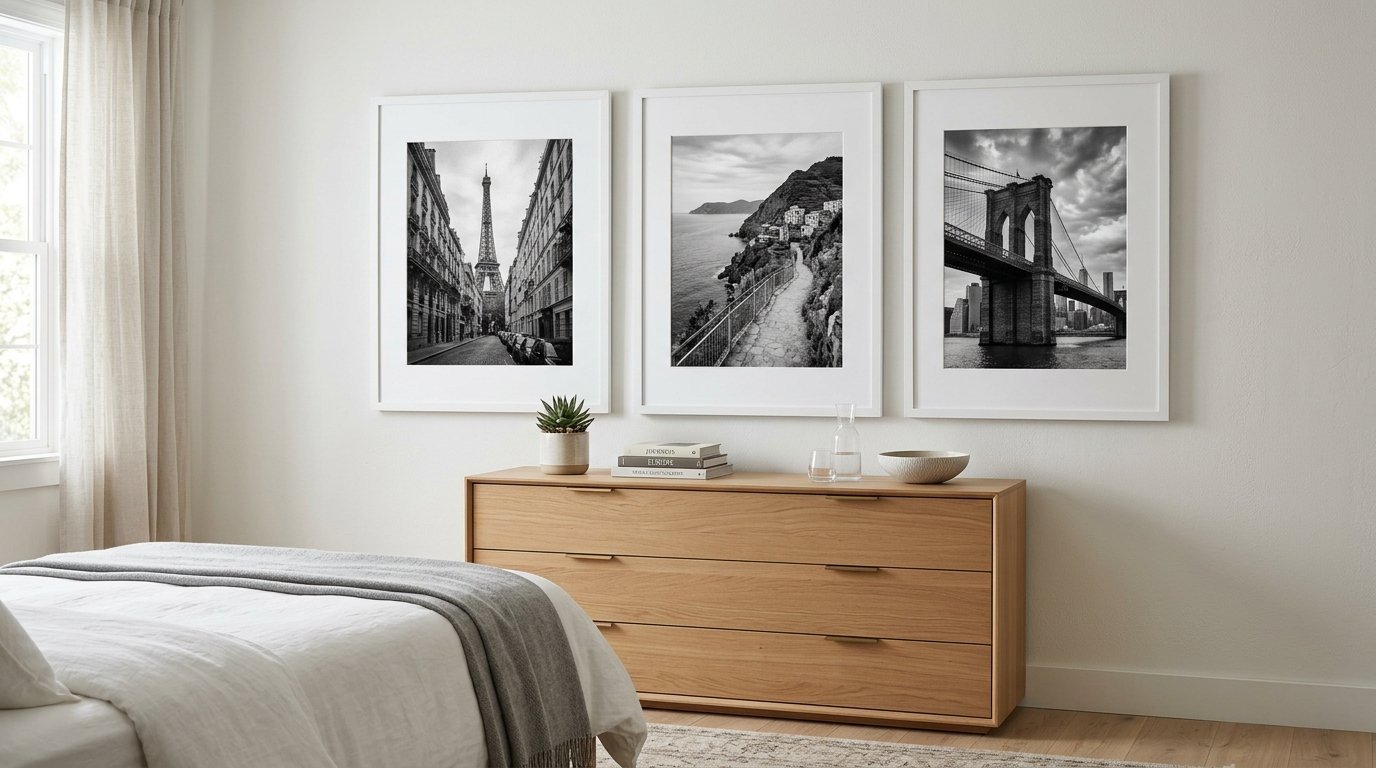 Black and white framed prints of the Eiffel Tower, Italian coastline, and Brooklyn Bridge above an oak bedroom dresser.