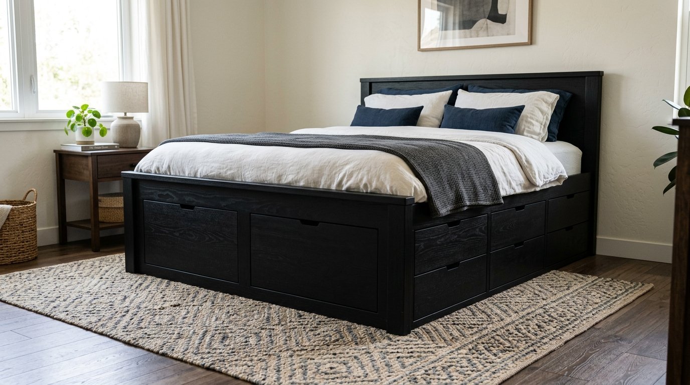 A black wooden bed frame with integrated storage drawers featuring a white quilt and grey throw blanket.