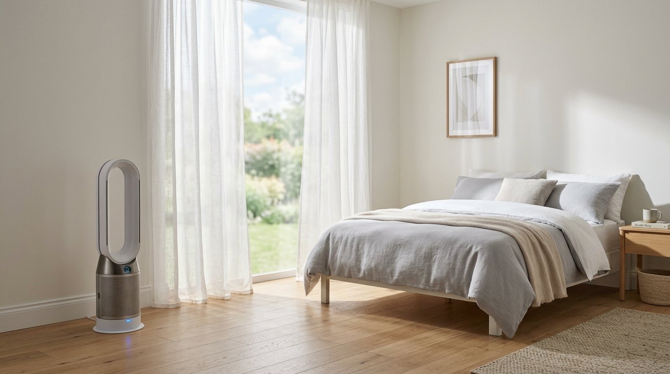 Silver Dyson style air purifier positioned on a wooden floor near a bright bedroom window.