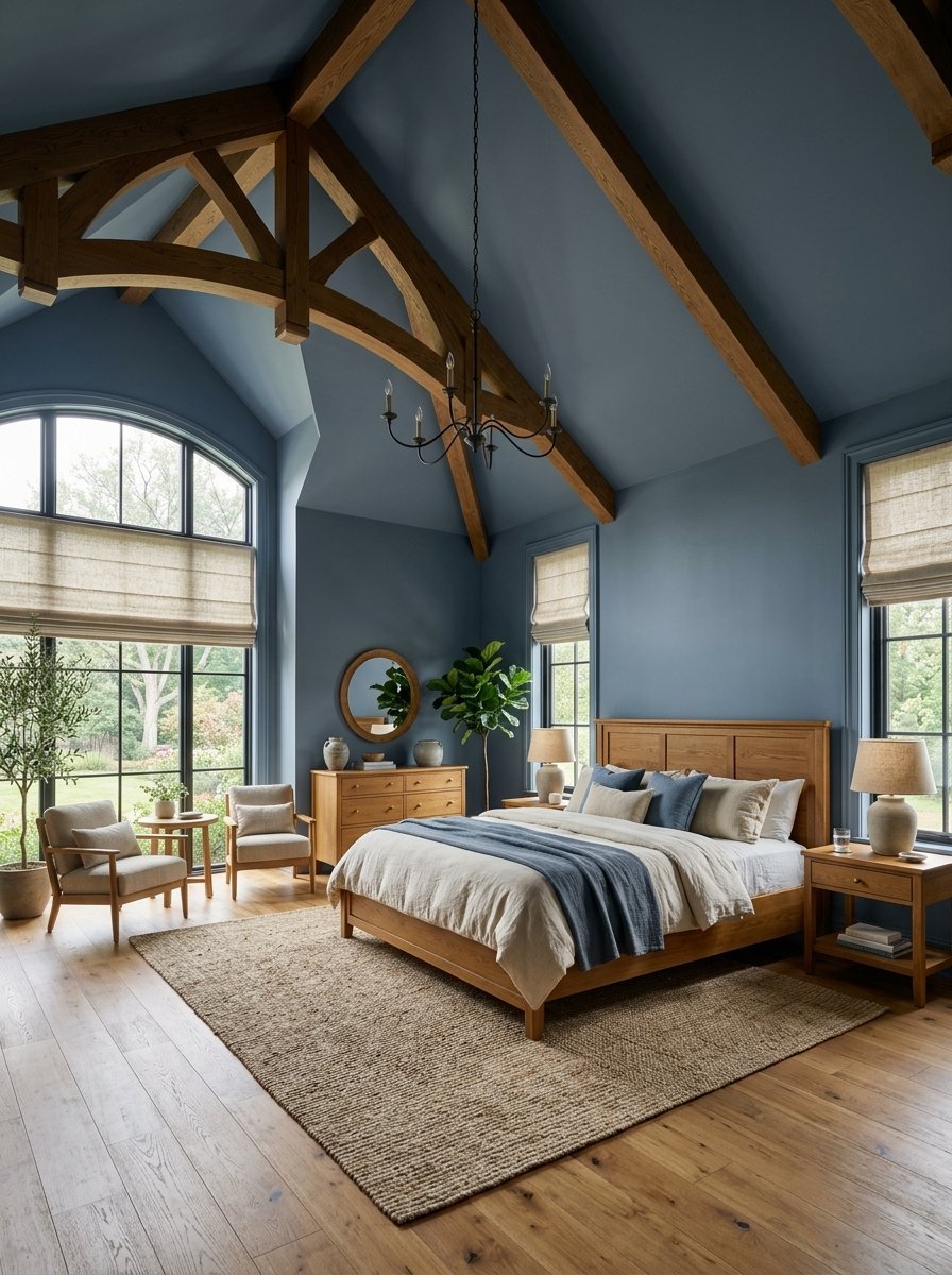 Spacious bedroom with blue walls, oak furniture, and a vaulted ceiling with exposed wooden rafters.