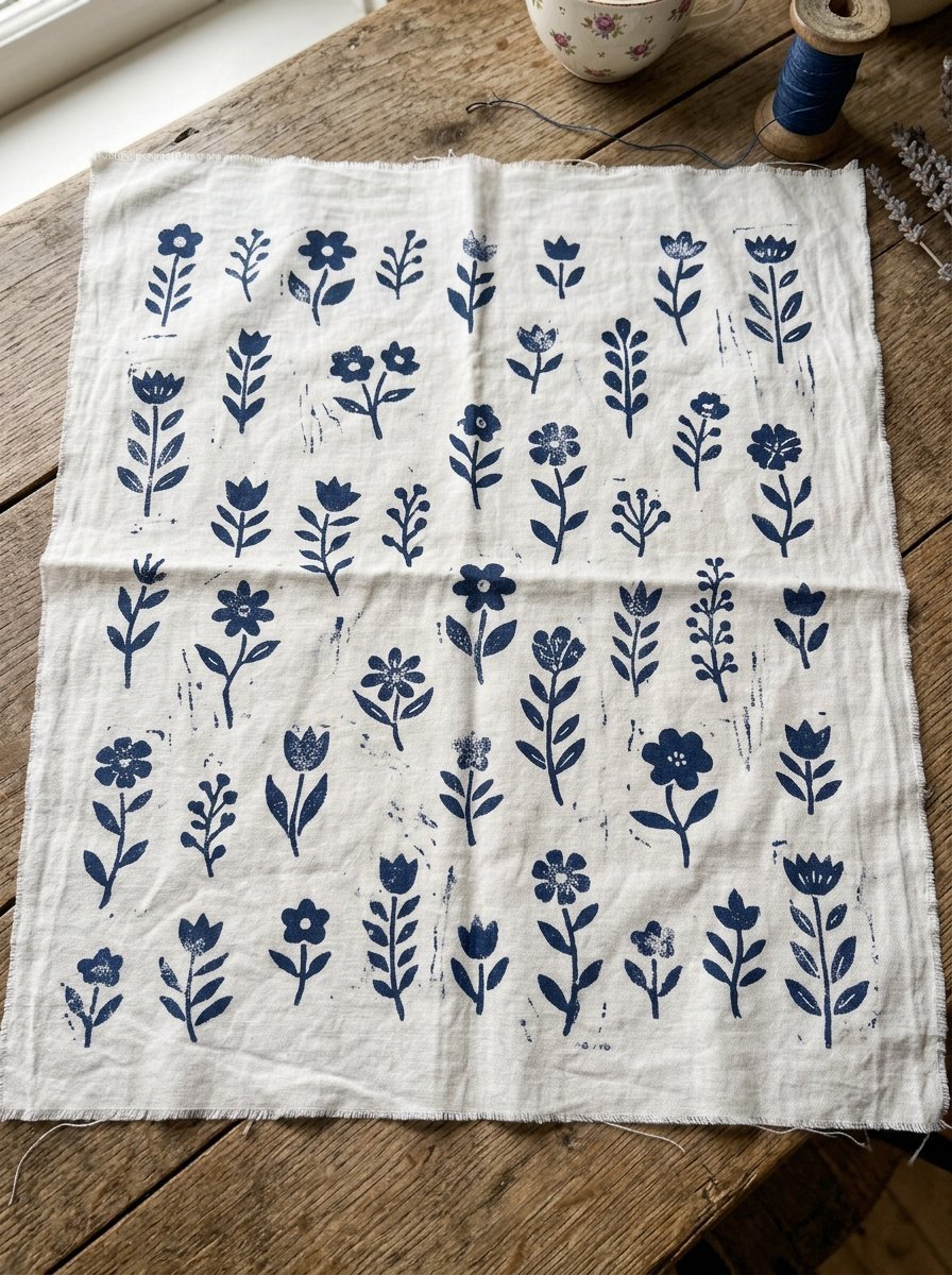 Hand-stamped blue botanical ink illustrations on a white fabric square resting on a rustic wooden table.