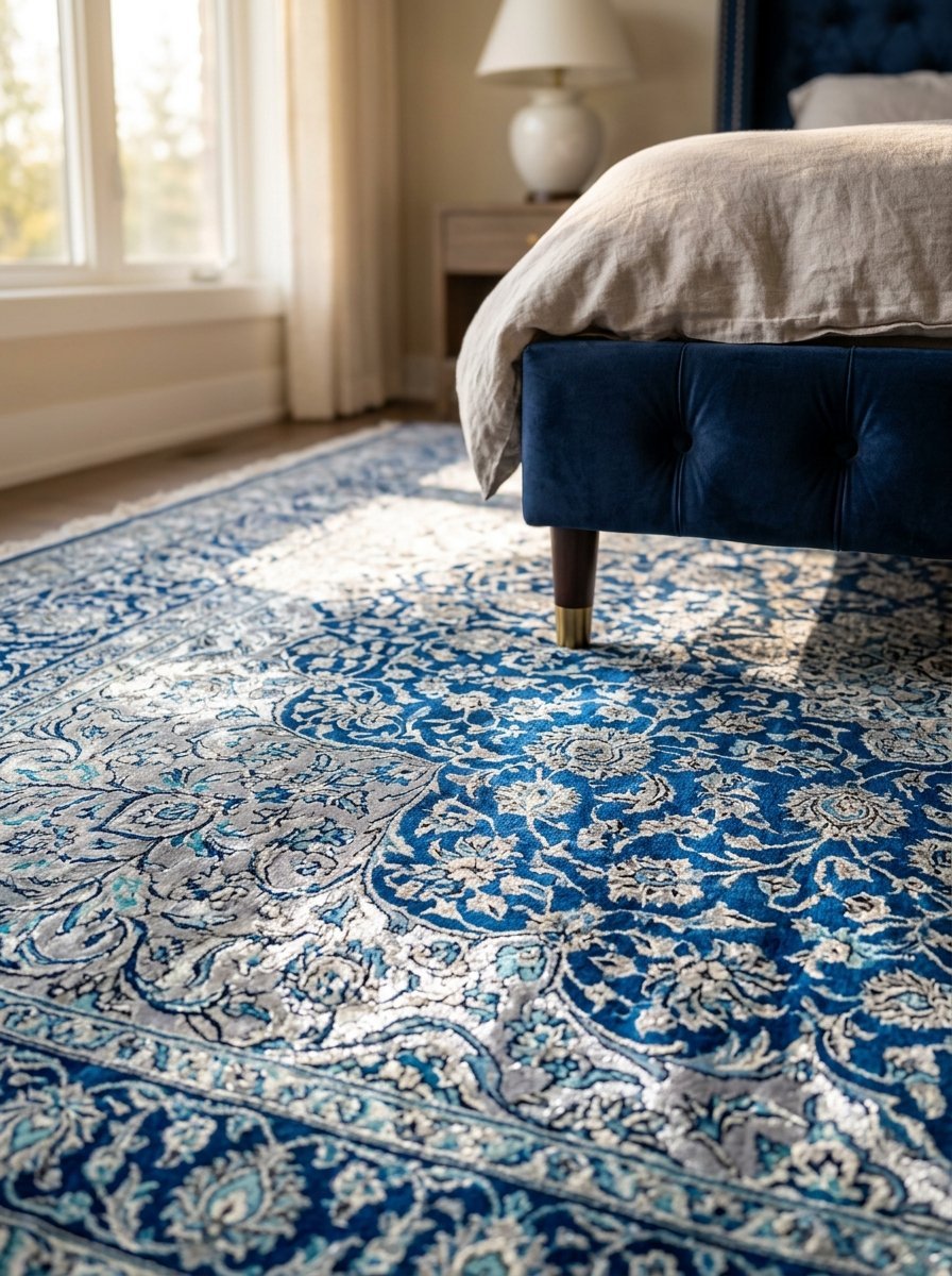 Close up of an ornate royal blue and silver patterned rug on a bedroom floor near a tufted bed base.