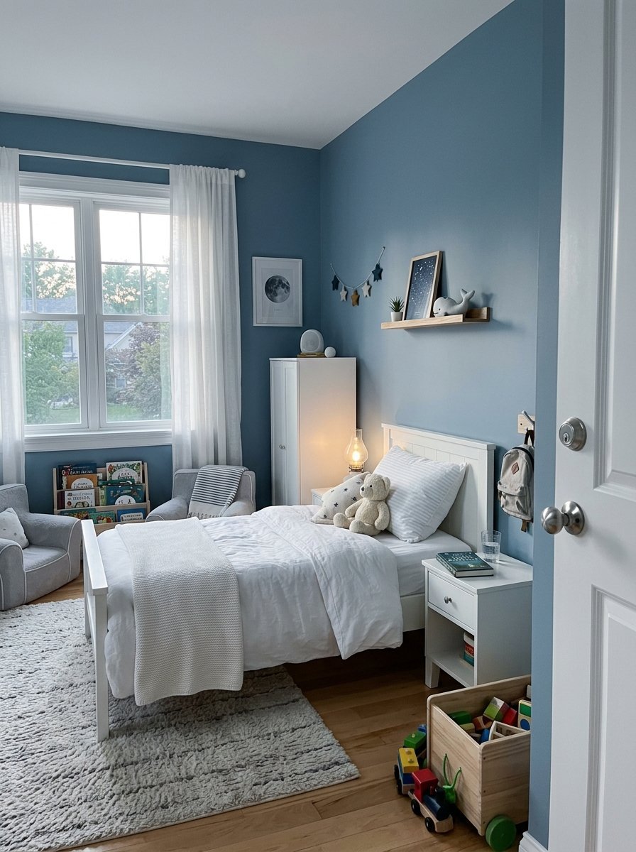 Cozy kid's room with a white bed, bookshelf, and wooden toy bin on a grey area rug.
