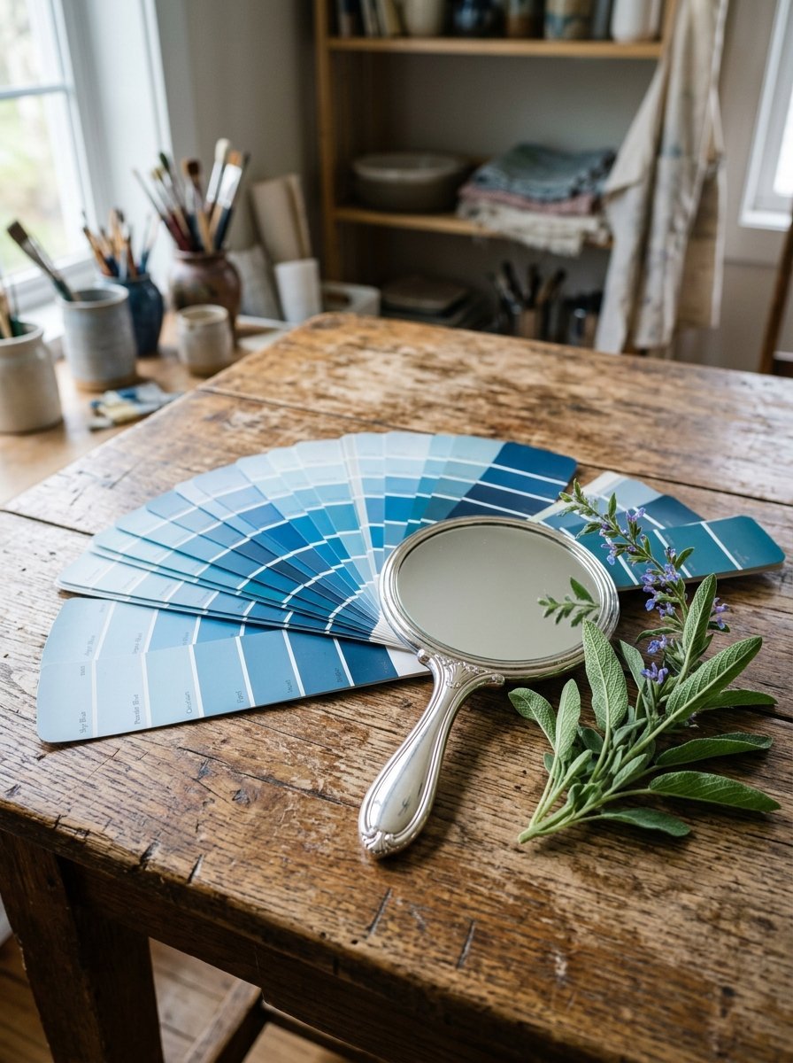 A collection of blue paint color samples, a silver hand mirror, and a sprig of sage on a rustic wooden table.