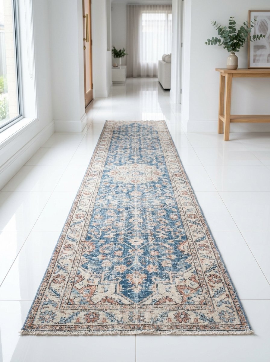 Fringed blue and cream floral patterned runner rug lying on a glossy white tiled residential hallway floor.