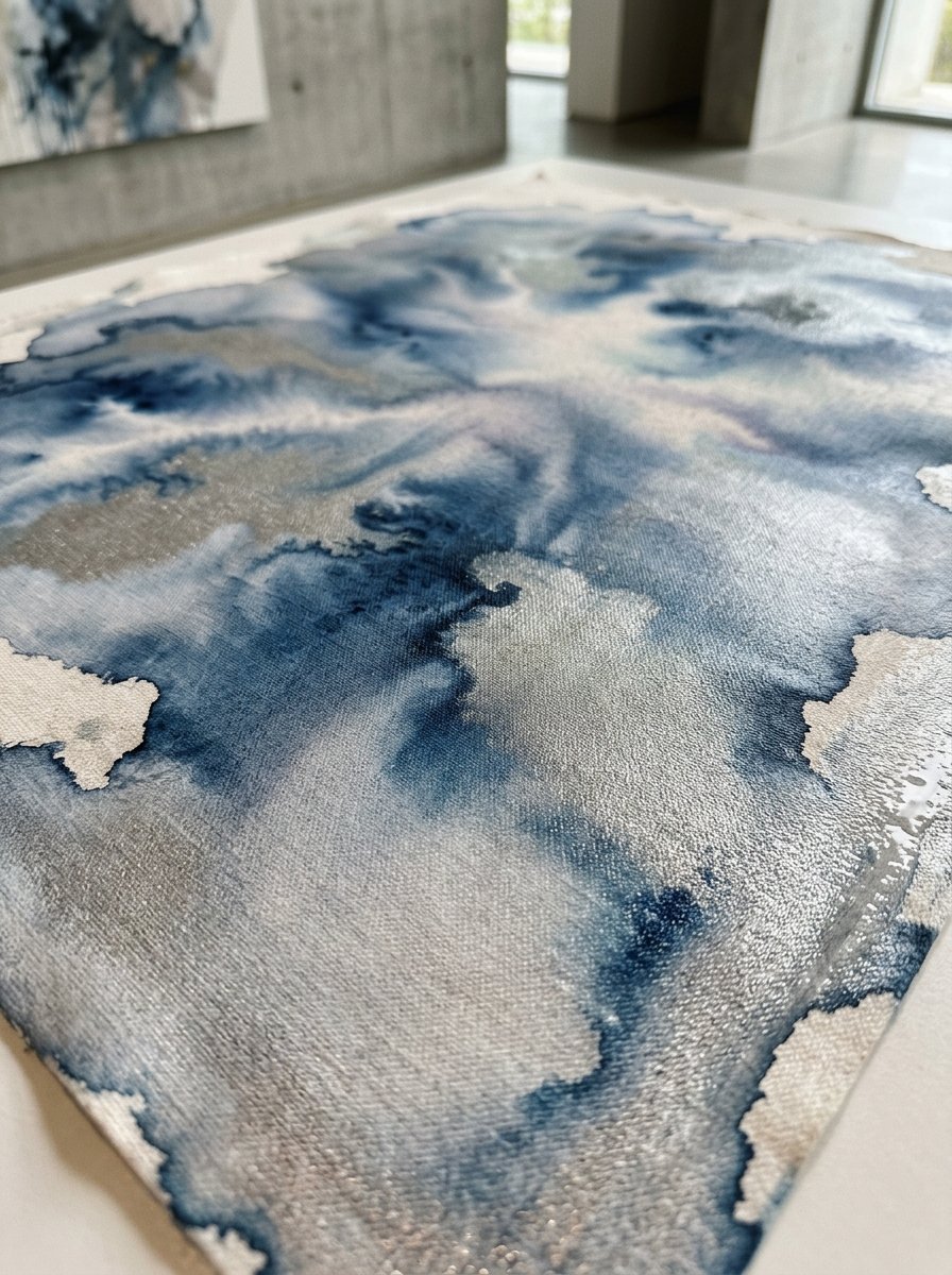Close-up perspective of a textured canvas featuring swirling blue and metallic silver abstract watercolor patterns.