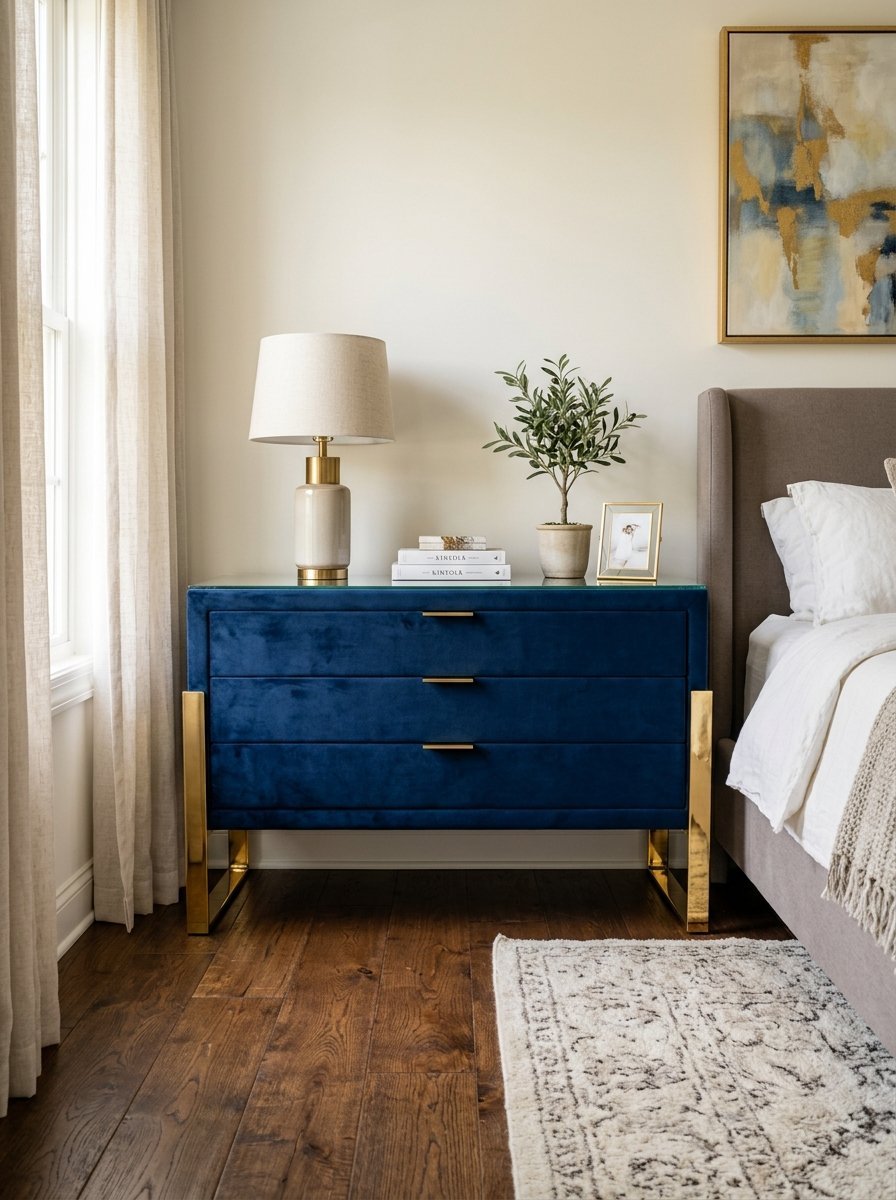 A dark blue velvet bedside chest with gold hardware and legs next to a bed with a neutral headboard.