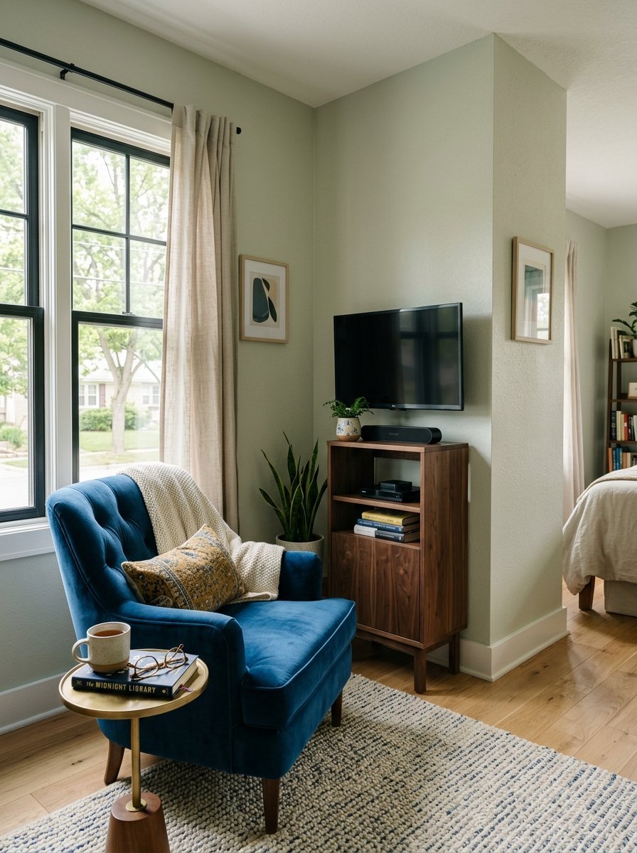 Plush blue tufted chair with a book and tea on a small table near a window and wooden television stand.