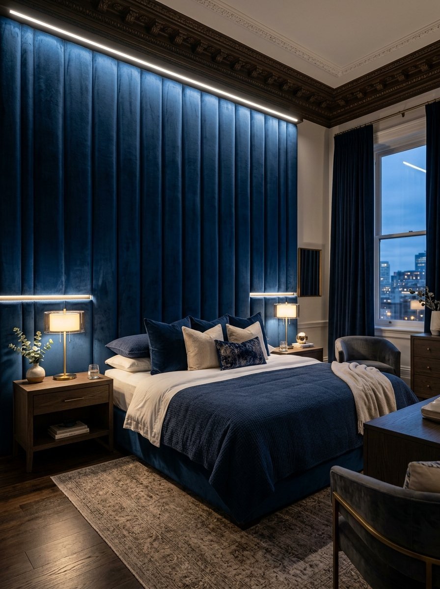 Modern bedroom with a tall blue vertical tufted velvet headboard illuminated by warm recessed LED lighting strips.