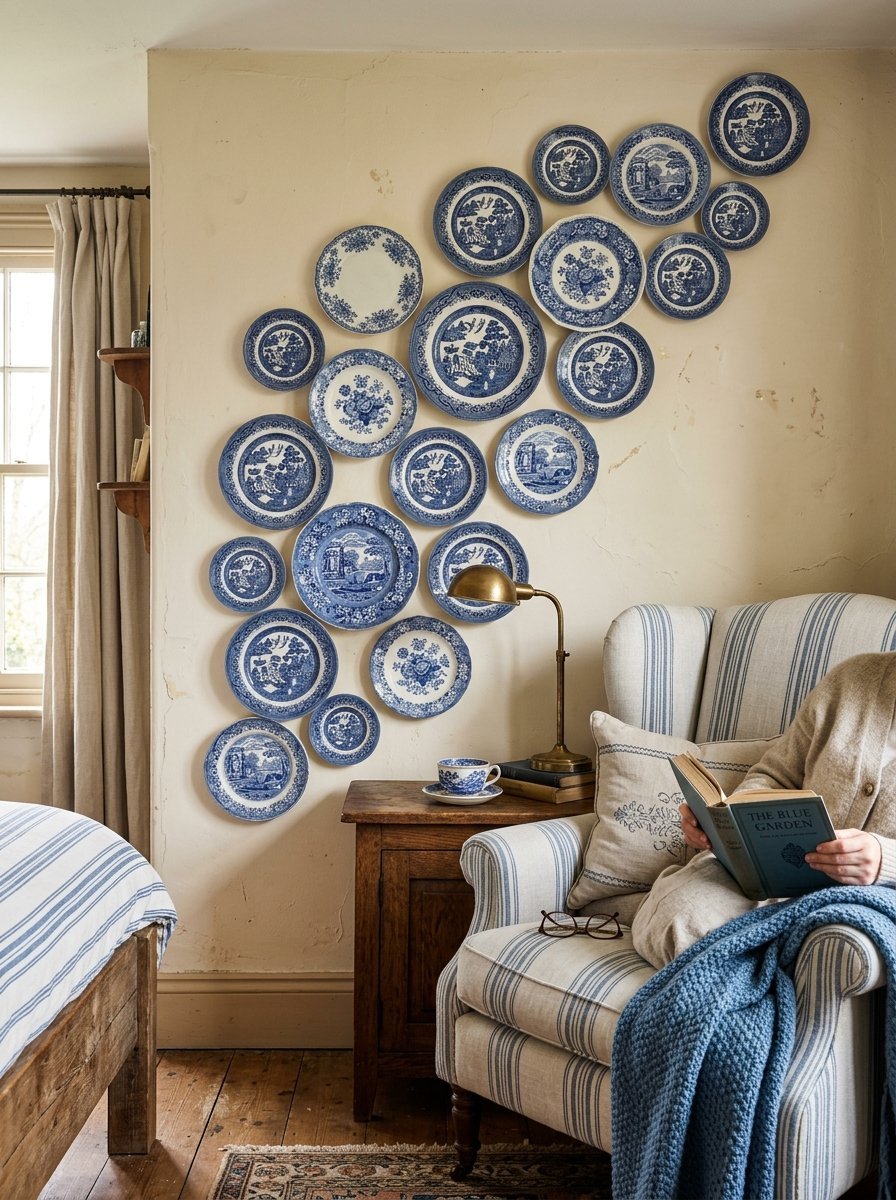 A gallery wall display of various blue and white patterned china plates above a striped armchair.
