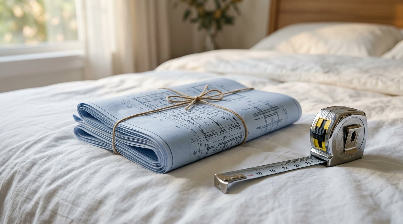 Blue construction plans and a steel measuring tool resting on a white bed sheet.