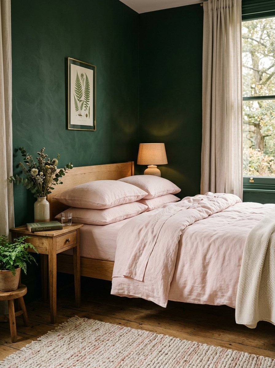 A wooden bed featuring soft pink linens sits in a room with deep forest green walls and a rustic nightstand.