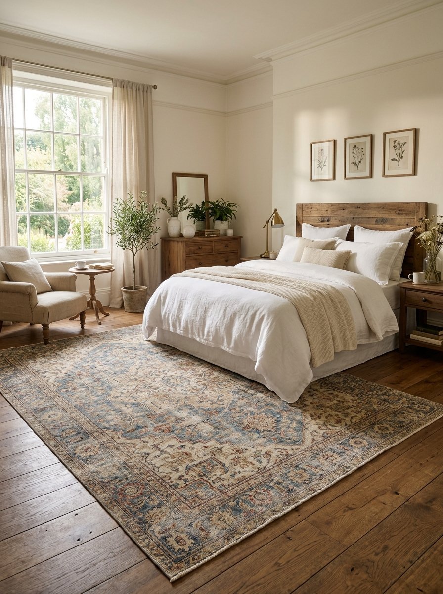 Large ornate blue and beige traditional rug placed on a dark wood floor in a neutral sunlit bedroom.