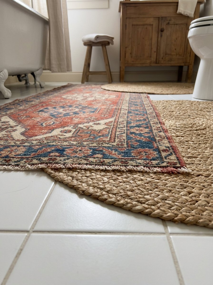 A rectangular red and blue vintage-style rug layered over round woven jute mats in a white tiled bathroom.