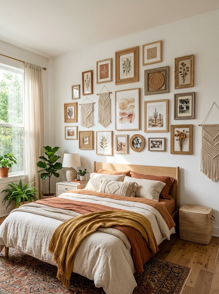 Boho bedroom with a gallery wall of framed art, macrame hangings, and a bed layered with terra cotta and mustard bedding.