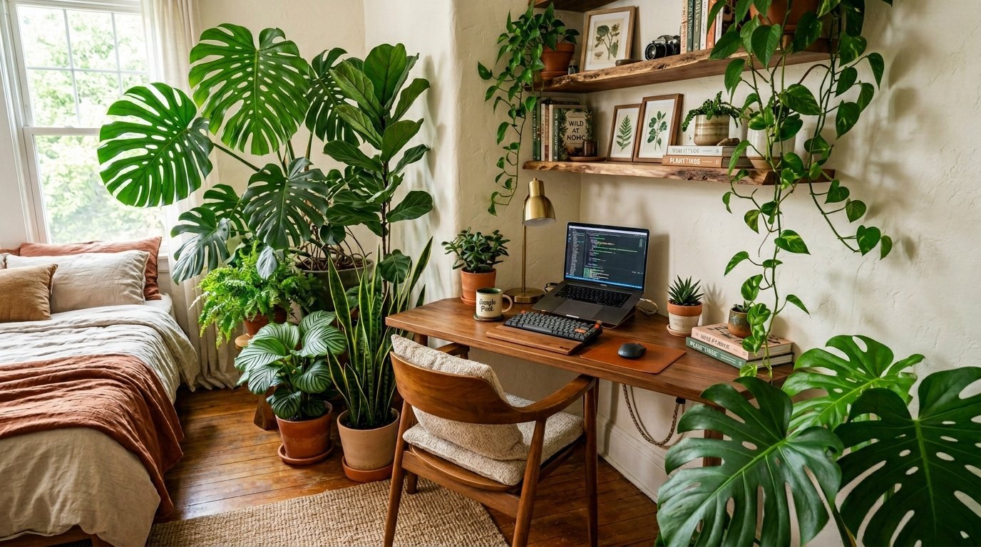 A wooden desk with a laptop and plants in a sunny bedroom filled with various indoor greenery.