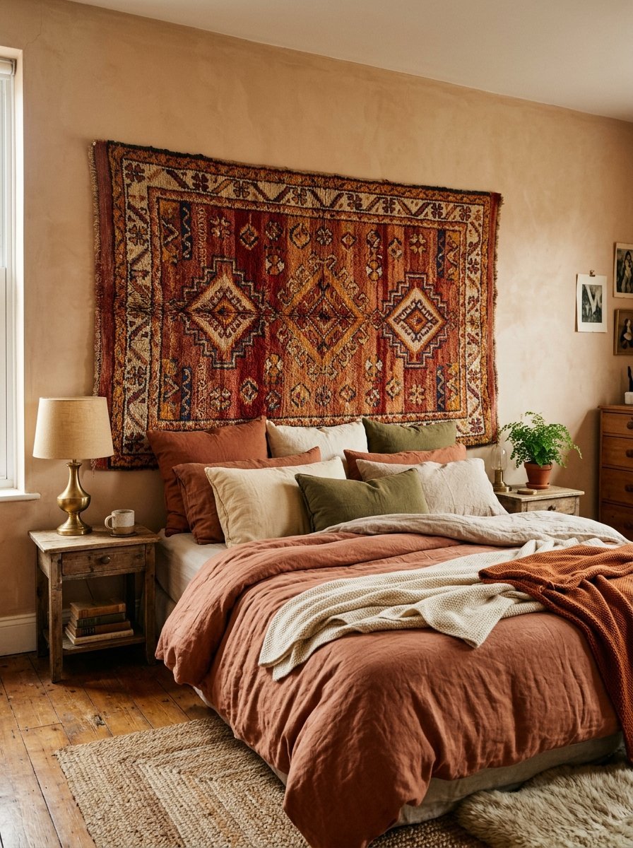 A rustic bedroom with a large red patterned rug mounted on the wall above a bed layered with terracotta and olive bedding.