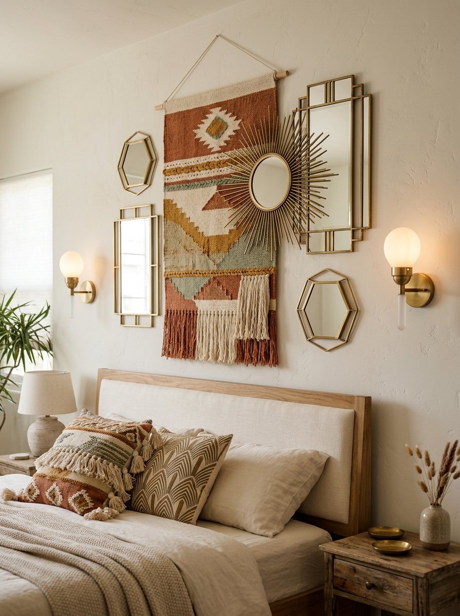 A bedroom wall featuring a boho tapestry, sunburst mirror, and gold framed mirrors with glowing sconces.