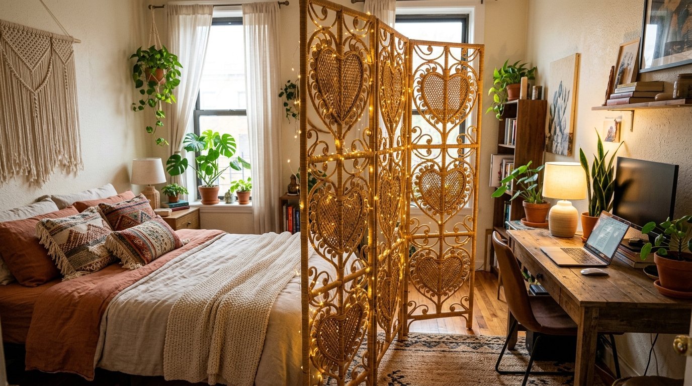 Boho bedroom with a rattan heart screen separating a bed from a rustic home office workspace.