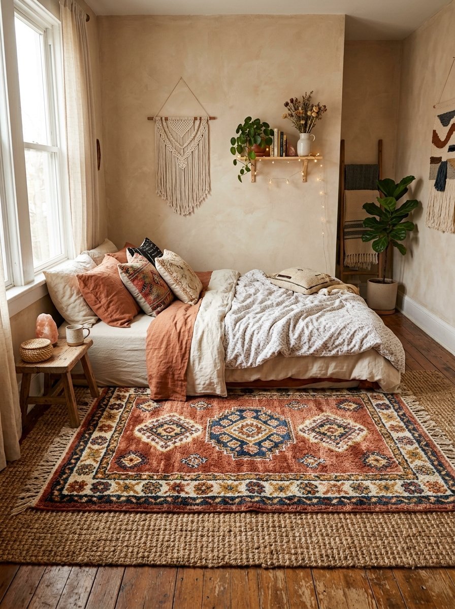 Bohemian style bedroom with a colorful patterned rug, low bed with orange pillows, and macrame wall decor.