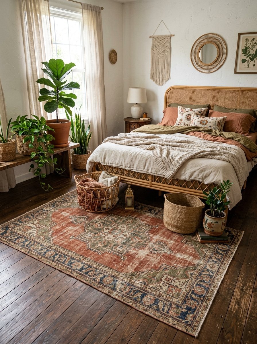A bedroom with a rattan bed, layered terracotta rug, numerous potted plants, and macrame wall decor.