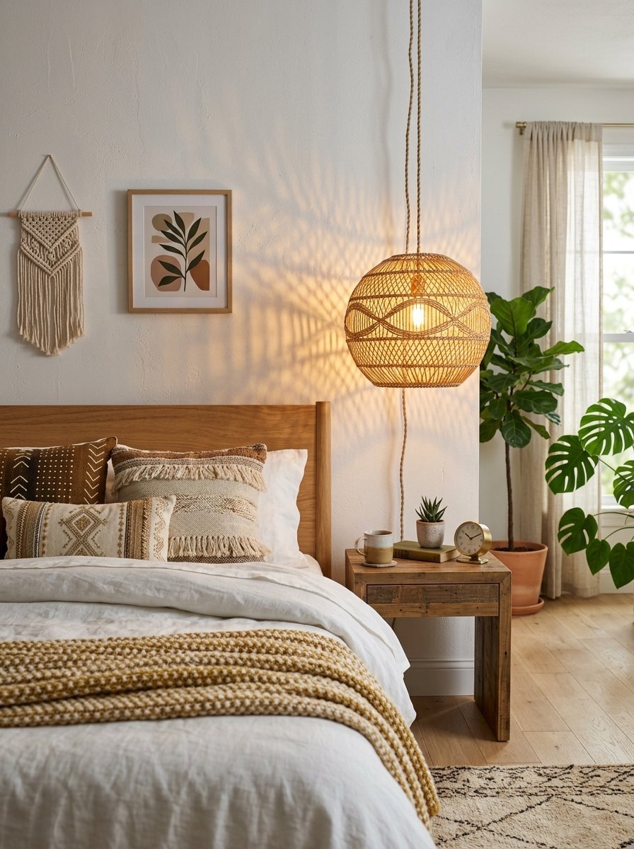 A bedroom with a wooden bed, hanging woven lamp casting shadows, and potted greenery beside a bedside table.