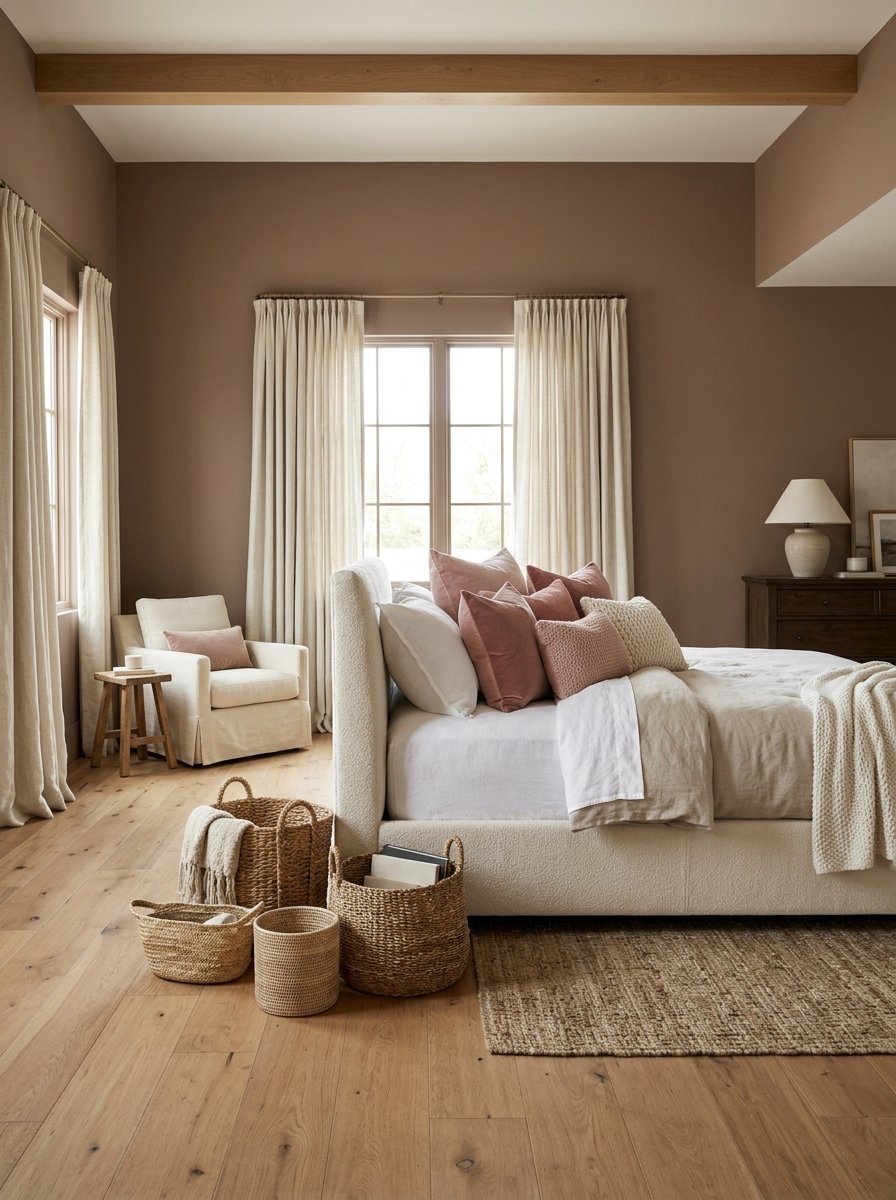 A serene bedroom with earthy brown walls, linen curtains, a cream bed, and woven baskets on light wood flooring.