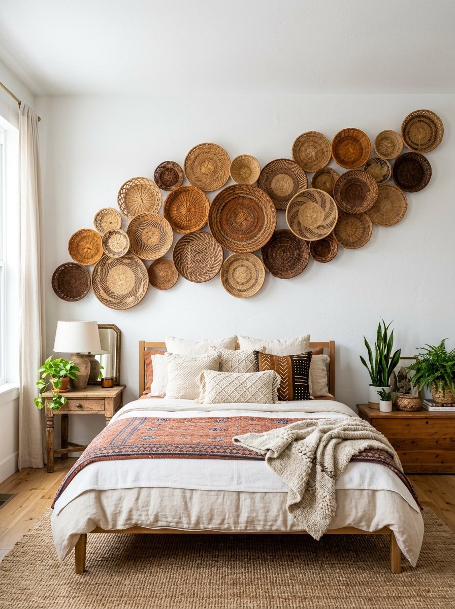 Collection of various brown wicker baskets arranged as art on a white bedroom wall behind a made bed.