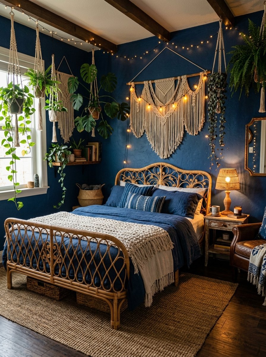 A bedroom with dark blue walls, a rattan bed frame, hanging macrame art, and several indoor house plants.